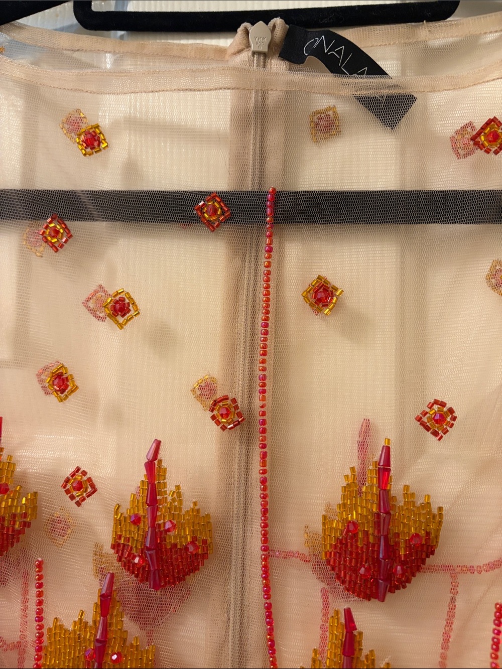 (Never worn) Sheer Beaded Maxi Dress with Red & Yellow Flames - Picture 3 of 3